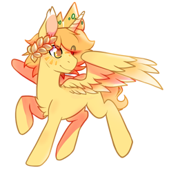 Size: 1033x1053 | Tagged: safe, artist:pomrawr, oc, oc only, oc:sunlight, alicorn, pony, alicorn oc, chest fluff, crown, eye clipping through hair, jewelry, laurel wreath, looking up, male, raised hoof, regalia, solo, stallion