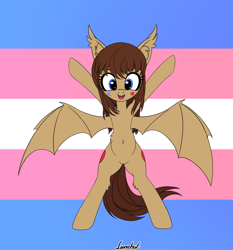 Size: 1280x1372 | Tagged: safe, artist:lunebat, oc, oc only, oc:lunette, bat pony, pony, bat pony oc, bat wings, bipedal, pride, pride flag, solo, transgender, transgender pride flag, wings