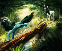 Size: 1576x1304 | Tagged: artist needed, safe, oc, oc:bean, oc:boomer, pony, forest, log, river, stream