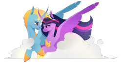 Size: 3571x1861 | Tagged: safe, artist:rxiantool, princess twilight 2.0, twilight sparkle, twilight sparkle (alicorn), oc, oc:harmony star, alicorn, pony, the last problem, alicorn oc, canon x oc, cloud, crown, female, jewelry, looking at each other, male, regalia, simple background, straight, transparent background