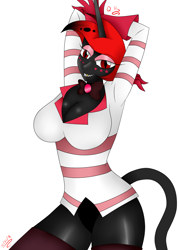 Size: 1800x2520 | Tagged: safe, artist:rockleerocks77, oc, oc:queen haiku, anthro, angel dust, anthro oc, clothes, cosplay, costume, gradient mane, hazbin hotel, red and black oc, simple background, skintight clothes, white background