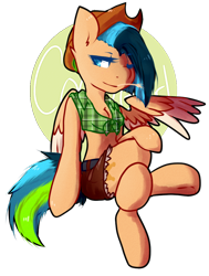 Size: 714x943 | Tagged: safe, artist:pomrawr, pegasus, pony, clothes, cowboy hat, crossed legs, hat, one eye closed, pants, simple background, solo, straw in mouth, transparent background, wink