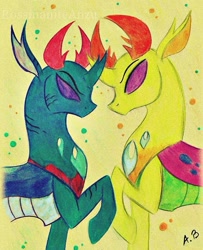 Size: 805x993 | Tagged: safe, artist:rossmaniteanzu, pharynx, thorax, changedling, changeling, changedling brothers, duo, king thorax, prince pharynx, traditional art