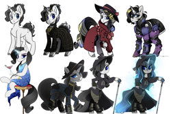 Size: 1920x1280 | Tagged: safe, artist:crimmharmony, oc, oc:frontier justice, oc:shadow spade, pony, unicorn, fallout equestria, fallout equestria: kingpin, alcohol, armor, armored legs, aura, bags under eyes, bangs, beauty mark, bipedal, black eyeshadow, blank, blank flank, blank of rarity, blue dress, blue eyes, choker, clothes, collage, commissioner:genki, dead eyes, detective, detective rarity, discharge, emotional spectrum, fedora, female, glass, gold rings, gun, handgun, hat, holster, innocence lost, jewelry, justice mare, lawbringer, magic, magic aura, mane highlights, mare, messy mane, ministry of awesome, ministry of image, moa stealth armor, multeity, mutation, necklace, not rarity, pipboy, pipbuck, pistol, power armor, progress, purple eyeshadow, raised hoof, revolver, scar, serious, serious face, shading, shoes, shy, simple background, sitting, smiling, solo, sophisticated as hell, sparkling blue dress, sparkling dress, split-personality merge, spots, stable 232, stable 232 overmare suit, standing, stool, swordstick, tail armor, telekinesis, tired, trenchcoat, unicorn oc, vault suit, weapon, wet mane, white background, wine, wine glass