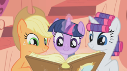 Size: 1280x720 | Tagged: safe, screencap, applejack, rarity, twilight sparkle, earth pony, pony, unicorn, look before you sleep, book, cute, female, golden oaks library, hair curlers, magic, mare, telekinesis, trio