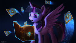 Size: 4500x2532 | Tagged: safe, artist:robsa990, twilight sparkle, twilight sparkle (alicorn), alicorn, pony, book, card game, cutie mark, female, hearthstone, mare, open mouth, solo, warcraft