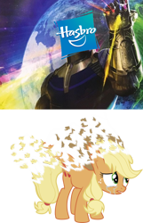 Size: 1332x2074 | Tagged: safe, derpibooru import, applejack, earth pony, pony, avengers: infinity war, crying, disintegration, dissolving, g5 applejack drama, g5 drama, hasbro, i don't feel so good, implied death, infinity gauntlet, infinity gems, lucifer hasbro, simple background, snap, thanos, transparent background