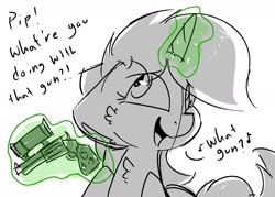 Size: 1280x915 | Tagged: safe, artist:northwindsmlp, oc, oc only, oc:littlepip, pony, unicorn, fallout equestria, blatant lies, clothes, fanfic, fanfic art, female, glowing horn, gun, handgun, hooves, horn, levitation, little macintosh, magic, mare, open mouth, optical sight, pipbuck, revolver, scope, solo, telekinesis, vault suit, weapon