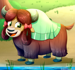 Size: 1871x1742 | Tagged: safe, artist:the-butch-x, yona, yak, season 8, bow, cloven hooves, cute, female, grass, hair bow, happy, monkey swings, open mouth, quadrupedal, smiling, solo, tree, water, yonadorable