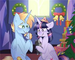 Size: 2000x1600 | Tagged: safe, artist:foxysparkle, smarty pants, twilight sparkle, twilight sparkle (alicorn), oc, oc:harmony star, alicorn, pony, best gift ever, alicorn oc, canon x oc, christmas, christmas tree, doll, female, holiday, male, pony dolls, present, shipping, stallion, straight, toy, tree, twimony