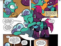 Size: 1024x768 | Tagged: safe, idw, glitter drops, tempest shadow, unicorn, comic, female, hug, mare, scowl