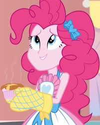 Size: 870x1080 | Tagged: safe, screencap, pinkie pie, better together, equestria girls, holidays unwrapped, apron, clothes, cropped, cute, diapinkes, female, food, looking up, saving pinkie's pie, smiling, solo, souffle