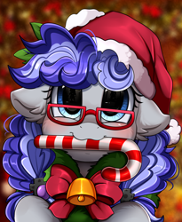 Size: 1446x1764 | Tagged: safe, artist:pridark, part of a set, oc, oc only, oc:cinnabyte, earth pony, pony, adorkable, bell, blushing, candy, candy cane, christmas, cute, dork, earth pony oc, female, food, glasses, hat, holiday, looking at you, mare, mouth hold, pridark's christmas ponies, santa hat, solo, wreath, ych result