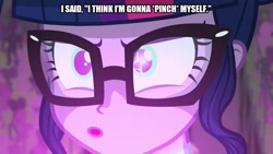 Size: 889x500 | Tagged: safe, edit, edited screencap, screencap, sci-twi, twilight sparkle, eqg summertime shorts, equestria girls, friendship games, mad twience, caption, close-up, image macro, misheard lyrics, slowpoke, solo, text