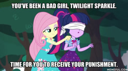 Size: 600x337 | Tagged: safe, edit, edited screencap, screencap, fluttershy, sci-twi, twilight sparkle, better together, equestria girls, stressed in show, stressed in show: fluttershy, blindfold, caption, cyoa, female, geode of telekinesis, image macro, magical geodes, text
