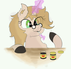 Size: 1062x1027 | Tagged: safe, artist:poniesmine, oc, oc only, oc:embroidered equations, pony, unicorn, chest fluff, colored hooves, cute, desk, female, glasses, halfbody, magic, mare, muzzle, spoon, vegemite