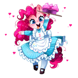 Size: 800x800 | Tagged: safe, artist:ipun, pinkie pie, earth pony, pony, semi-anthro, cheek fluff, clothes, cloven hooves, colored hooves, cupcake, cute, deviantart watermark, diapinkes, dress, ear fluff, female, food, heart, looking at you, maid, mare, obtrusive watermark, open mouth, shoes, simple background, socks, solo, tongue out, transparent background, watermark