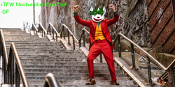 Size: 1200x600 | Tagged: safe, artist:dazzlingflash, oc, oc:nootaz, clown, clown makeup, dancing, greentext, joker (2019), meme, nootvember, nootvember 2019, shitposting, stairs, text, tfw, the joker