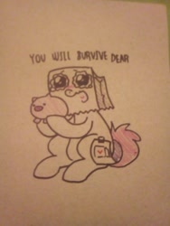 Size: 1536x2048 | Tagged: safe, artist:paperbagpony, oc, oc:paper bag, pony, crying, dialogue, fake cutie mark, photo, piggy bank, tears of joy, traditional art