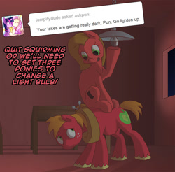 Size: 812x800 | Tagged: safe, artist:crispokefan, big macintosh, oc, oc:pun, pony, ask, ask pun, lightbulb, ponies riding ponies