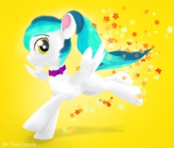 Size: 970x824 | Tagged: safe, artist:flusilazole, oc, oc:artemis starshine, pegasus, pony, adorable face, cute, flower, golden eyes, simple background, solo, yellow background