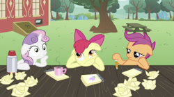 Size: 1219x682 | Tagged: safe, artist:undeadponysoldier, edit, edited screencap, editor:undeadponysoldier, screencap, apple bloom, scootaloo, spike, sweetie belle, dragon, earth pony, pegasus, pony, unicorn, ponyville confidential, bored, cutie mark crusaders, female, filly, mug, notepad, paper, paper ball, pencil, thinking, when you see it