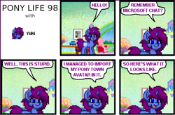 Size: 752x497 | Tagged: safe, artist:juju2143, oc, oc:yuki kagayaki, pony, unicorn, comic, horse life 98, microsoft comic chat, pony town