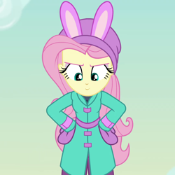 Size: 1024x1024 | Tagged: safe, edit, edited screencap, screencap, fluttershy, better together, equestria girls, holidays unwrapped, bunny ears, clothes, coat, cropped, gloves, hat, inverted mouth, smiling, solo, winter outfit