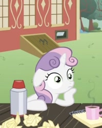 Size: 451x568 | Tagged: safe, screencap, sweetie belle, pony, unicorn, ponyville confidential, coffee, cropped, cute, diasweetes, female, filly, floppy ears, meme origin, mug, notepad, ponyville schoolhouse, solo, sudden clarity sweetie belle, thinking