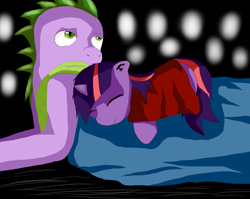 Size: 3366x2685 | Tagged: safe, artist:mad-mutt, spike, twilight sparkle, dragon, pony, blanket, female, mare, older, older spike, sleeping