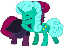 Size: 1418x1055 | Tagged: safe, artist:徐詩珮, fizzlepop berrytwist, glitter drops, tempest shadow, pony, unicorn, base used, broken horn, clothes, cute, eyes closed, female, glitterbetes, glittershadow, horn, hug, lesbian, mare, scarf, shipping, simple background, tempestbetes, transparent background