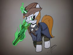 Size: 1280x960 | Tagged: safe, artist:brisineo, color edit, edit, oc, oc:littlepip, pony, unicorn, fallout equestria, clothes, coat, colored, cowboy hat, fallout, fallout 4, fanfic, fanfic art, female, general, glowing horn, gradient background, gun, hat, hooves, horn, leather, levitation, looking at you, magic, mare, minutemen, pipbuck, simple background, smiling, solo, telekinesis, weapon