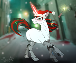 Size: 1200x1000 | Tagged: safe, artist:sunny way, oc, oc:blackjack, pony, unicorn, fallout equestria, fallout equestria: project horizons, augmented, blood, christmas, hat, holiday, horn, level 2 (project horizons), long horn, magic, new year, red hat, santa hat, solo, town