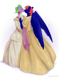 Size: 2646x3440 | Tagged: safe, artist:allexa1alexa, spike, oc, oc:threadwing, anthro, dragon, pegasus, canon x oc, clothes, crossdressing, dress, gay, kissing, male, pegasus oc, shipping, simple background, stallion, threadspike