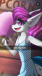 Size: 524x931 | Tagged: safe, alternate version, artist:obscuredragone, oc, oc:bleu, anthro, original species, shark, shark pony, amusement park, apple, breasts, caption, clothes, cotton candy, couple, date, dots, dress, female, food, happy, high heels, holding hands, night, pink hair, shark tail, shark teeth, shoes, small breasts, snapchat, snaphorse, solo, text, walking