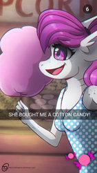 Size: 524x931 | Tagged: safe, artist:obscuredragone, oc, oc:bleu, anthro, original species, shark, shark pony, amusement park, apple, breasts, caption, clothes, cotton candy, couple, date, dress, female, food, happy, high heels, shark tail, shark teeth, shoes, small breasts, snapchat, snaphorse, solo, text, walking