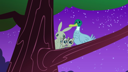 Size: 2880x1620 | Tagged: safe, screencap, bird, chipmunk, duck, mallard, rabbit, the best night ever, animal, male, night, scared, sitting in a tree, tree branch