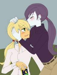 Size: 2448x3264 | Tagged: safe, artist:haibaratomoe, applejack, rarity, equestria girls, alternate hairstyle, blushing, drunk, eyes closed, female, hand on head, hands on head, holding head, kissing, lesbian, rarijack, shipping