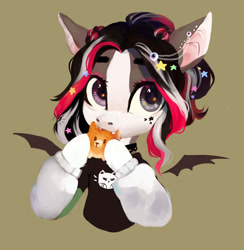 Size: 1024x1049 | Tagged: safe, artist:sofiko-ko, oc, bat pony, bat pony oc, bread, choker, clothes, cute, ear piercing, earring, eating, eyeball, fangs, female, floating wings, food, jewelry, ocbetes, piercing, shirt, starry eyes, wingding eyes, wings