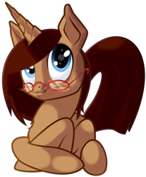 Size: 752x908 | Tagged: safe, artist:skwareblox, oc, oc only, oc:cocoa, pony, unicorn, 2020 community collab, derpibooru community collaboration, glasses, looking at you, simple background, sitting, solo, transparent background, unicorn oc
