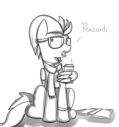 Size: 1600x1700 | Tagged: safe, artist:kippzu, lightning dust, pegasus, pony, book, clothes, coffee, doodle, drawthread, eyeroll, glasses, hipster, scarf, sketch, solo, unfinished art, wing hold