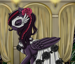 Size: 1400x1200 | Tagged: safe, artist:jagga-chan, oc, oc:duskwing, pegasus, pony, clothes, dress, female, flower, flower in hair, gala dress, mare, mask, solo