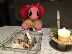Size: 4032x3024 | Tagged: safe, pacific glow, cake, candle, christmas, food, holiday, irl, photo, plushie, stollen, waifu dinner