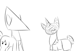 Size: 1280x853 | Tagged: safe, artist:kaggy009, oc, oc:peppermint pattie (unicorn), pony, unicorn, ask peppermint pattie, clothes, costume, female, mare, monochrome, nightmare night costume, pyramid head