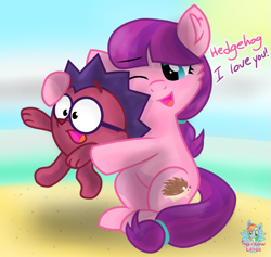 Size: 1087x1032 | Tagged: safe, artist:rainbow eevee, lily longsocks, hedgehog, pony, beach, chiko, chikoriki, cutie mark, female, filly, glasses, male, smeshariki, wat