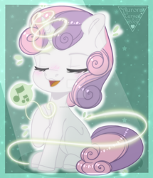 Size: 1280x1488 | Tagged: safe, artist:auroracursed, sweetie belle, pony, unicorn, cute, deviantart watermark, diasweetes, eyes closed, female, filly, magic, music notes, obtrusive watermark, open mouth, singing, sitting, solo, speech bubble, watermark