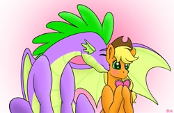 Size: 1109x721 | Tagged: safe, artist:bellbell123, applejack, spike, dragon, earth pony, pony, applespike, cute, female, heart, hearts and hooves day, holiday, jackabetes, kiss on the cheek, kissing, male, mare, older, older spike, present, shipping, spikabetes, straight, valentine's day, winged spike