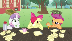 Size: 1920x1080 | Tagged: safe, screencap, apple bloom, scootaloo, sweetie belle, earth pony, pegasus, pony, unicorn, ponyville confidential, coffee, coffee mug, cutie mark crusaders, exploitable meme, female, filly, hoof on cheek, meme, meme origin, mug, notepad, paper, paper ball, pencil, picnic table, sudden clarity sweetie belle, table, thinking