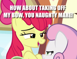 Size: 1393x1067 | Tagged: safe, edit, edited screencap, screencap, apple bloom, sweetie belle, growing up is hard to do, caption, cropped, image macro, implied sweetiebloom, older, older apple bloom, older sweetie belle, shipping, text