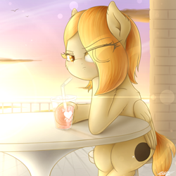 Size: 1900x1900 | Tagged: safe, artist:phoenixrk49, oc, oc only, pegasus, pony, cup, drink, eye clipping through hair, female, lens flare, mare, sitting, solo, straw, table